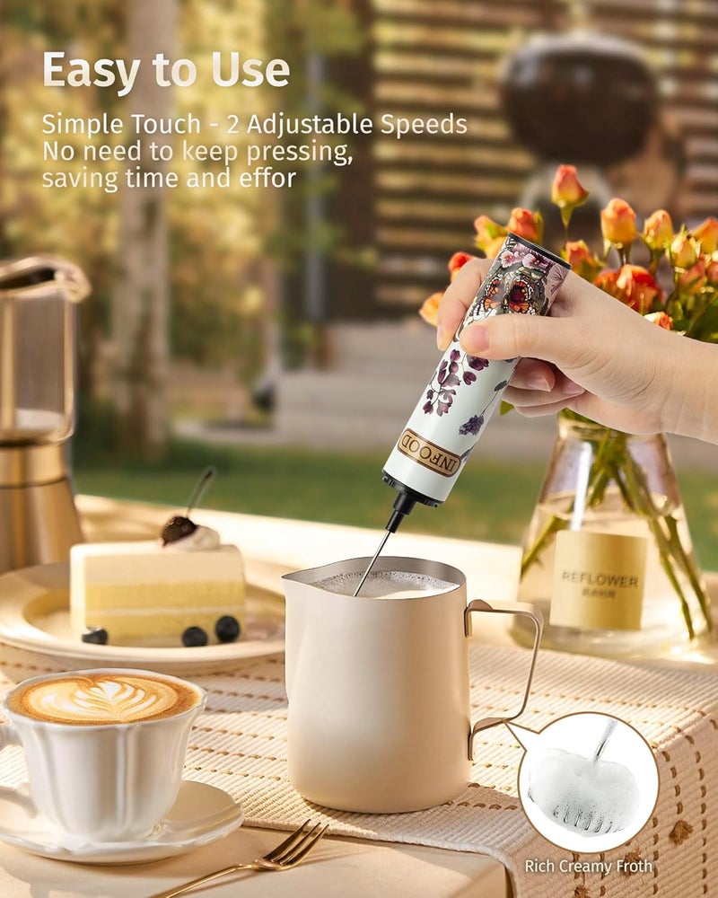 INFOOD Milk Frother Rechargeable with Cover - Coffee Frother Wand, Drink Mixer Handheld with 2 Detachable Stainless Whisks 2 Speed Adjustable for Latte, Cappuccino, Hot Chocolate, Egg, White Floral - Image 5